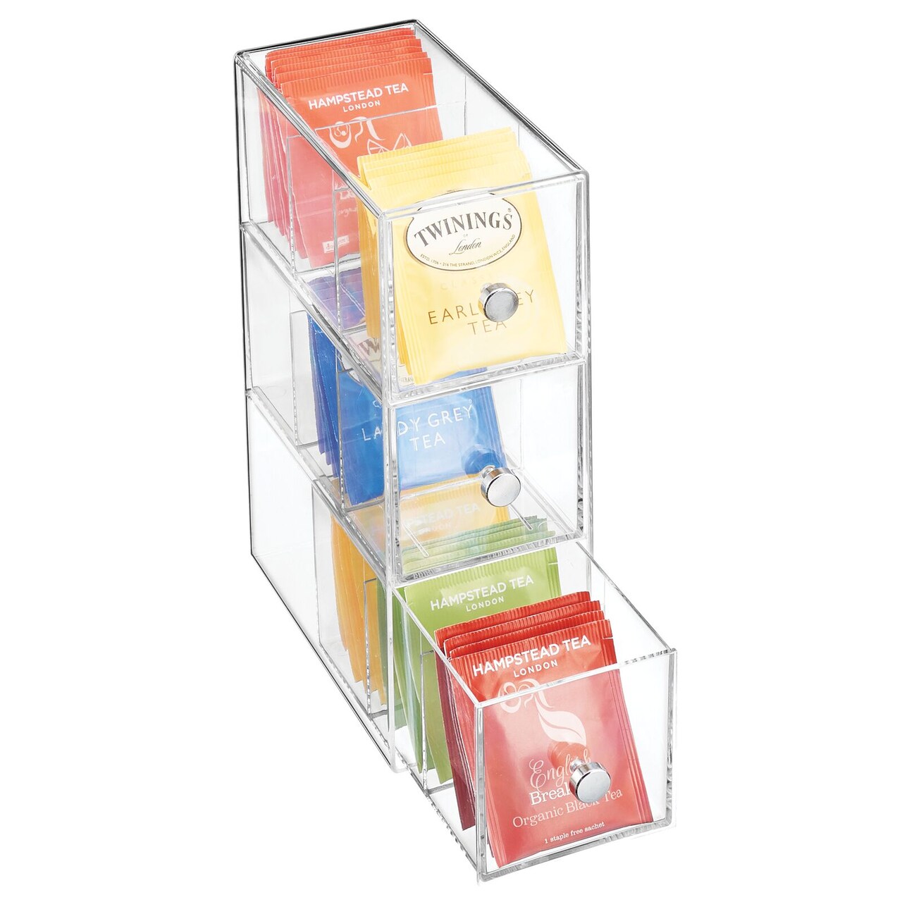 mDesign Plastic Kitchen Storage Tea Organizer, 3 Drawers - Clear